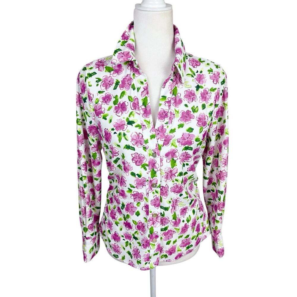 Zara Top Womens Size S White Pink Floral Silky Bloggers Fave Button Up‎ Blouse - Picture 6 of 13
